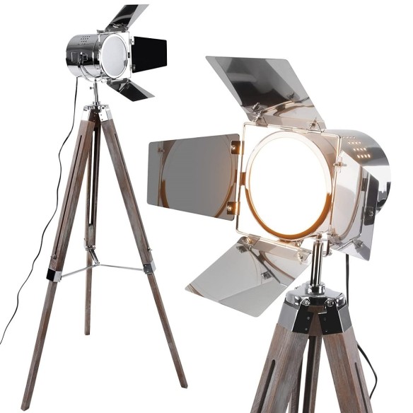 Studio-Tripod-Standleuchte-Stativ-Holz-verchromt-Hoehenverstellbar-148cm-vintage-1