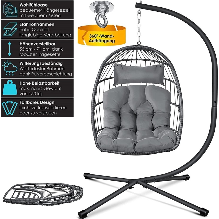 Rattan-Haengeschaukel-Haengekorb-Sessel-mit-Stahl-Gestell-Kissen-Decken-Halterung-grau-3