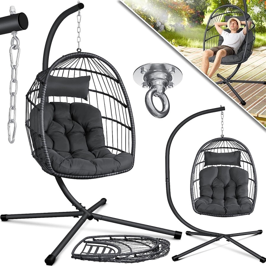 Rattan-Haengeschaukel-Haengekorb-Sessel-mit-Stahl-Gestell-Kissen-Decken-Halterung-antrazith