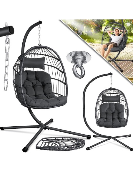 Rattan-Haengeschaukel-Haengekorb-Sessel-mit-Stahl-Gestell-Kissen-Decken-Halterung-antrazith