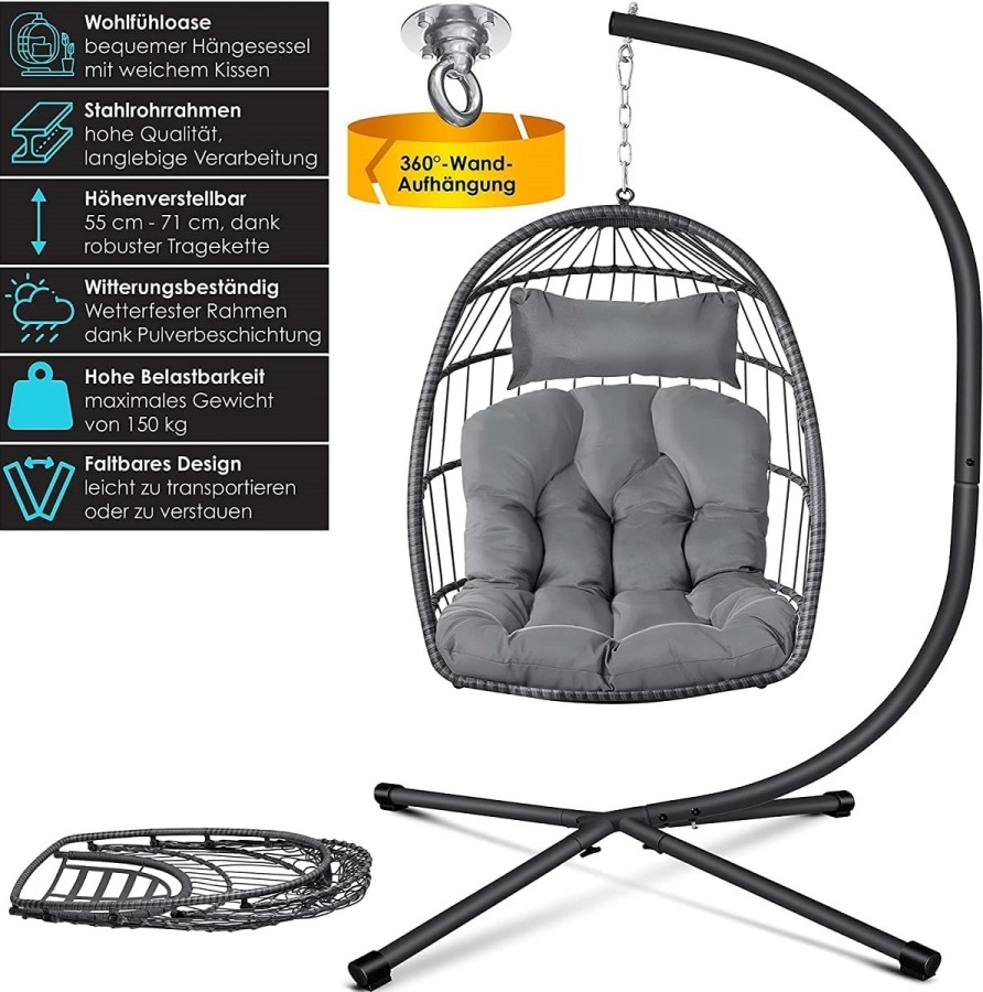 Rattan-Haengeschaukel-Haengekorb-Sessel-mit-Stahl-Gestell-Kissen-Decken-Halterung-grau-3