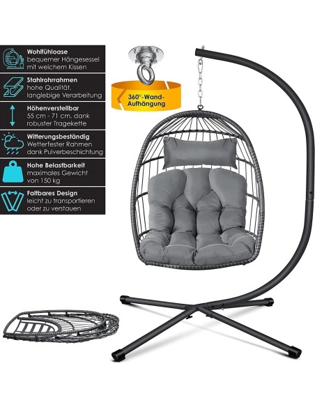 Rattan-Haengeschaukel-Haengekorb-Sessel-mit-Stahl-Gestell-Kissen-Decken-Halterung-grau-3