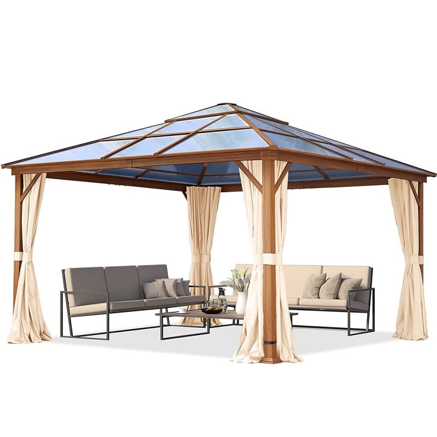 Luxus-Gartenpavillon-4x4m-4-Seitenteile-Polycarbonat-Dach-8mm-Holzoptik-Champagner-1