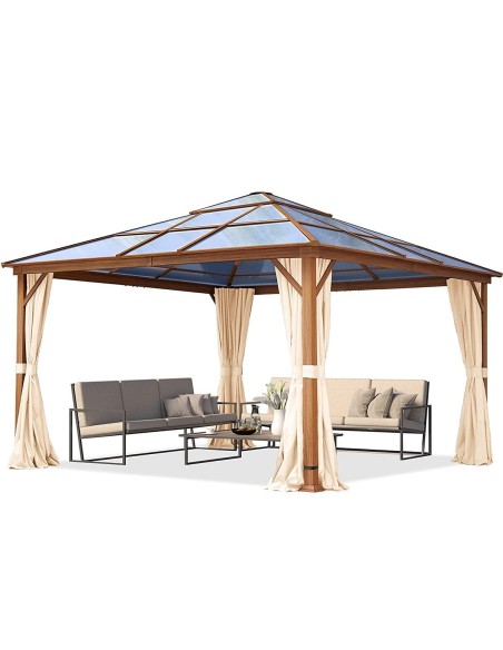 Luxus-Gartenpavillon-4x4m-4-Seitenteile-Polycarbonat-Dach-8mm-Holzoptik-Champagner-1