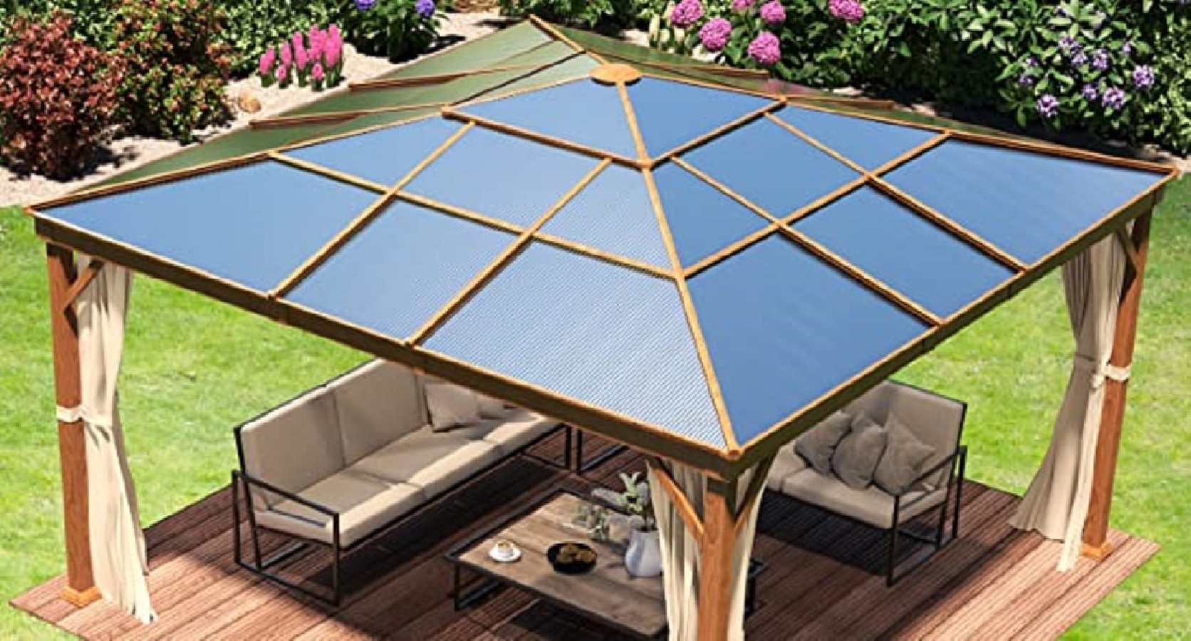 Luxus-Gartenpavillon-4x4m-4-Seitenteile-Polycarbonat-Dach-8mm-Holzoptik-Champagner-5