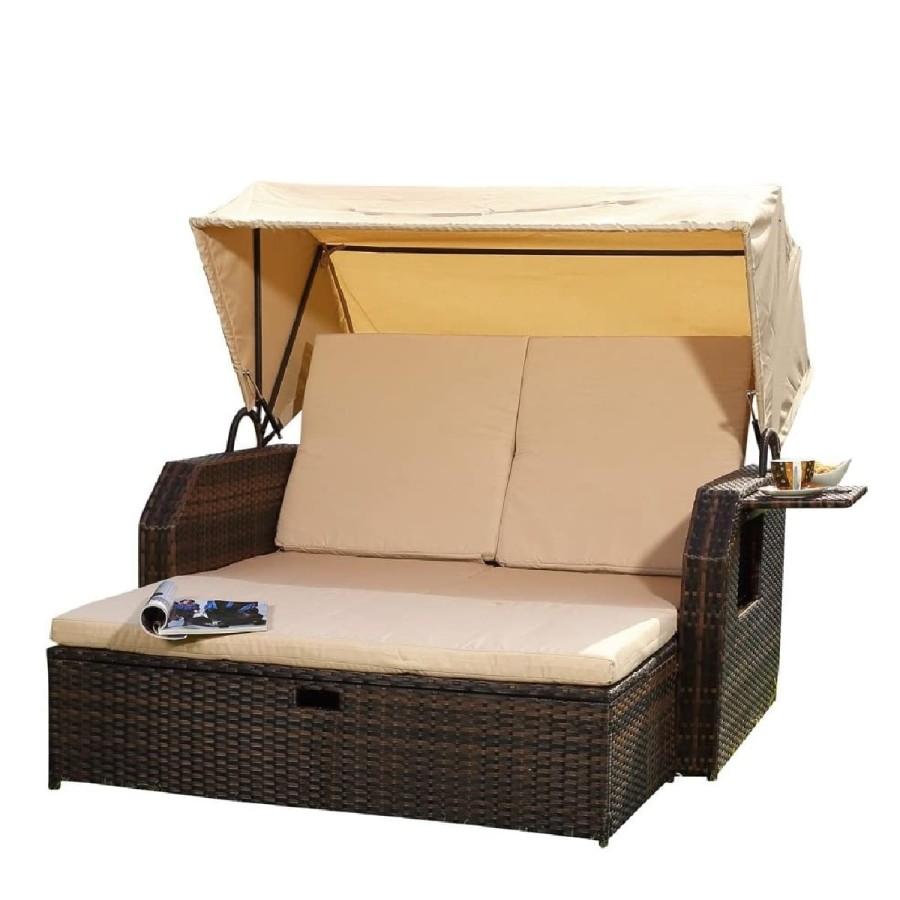 Rattan-Luxus-Sonnenbett-Strandkorb-klappbar-Seitentisch-Rueckenlehne-Sonnenschutzdach-braun-Cappuccino-1