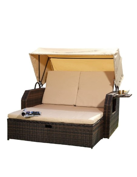 Rattan-Luxus-Sonnenbett-Strandkorb-klappbar-Seitentisch-Rueckenlehne-Sonnenschutzdach-braun-Cappuccino-1
