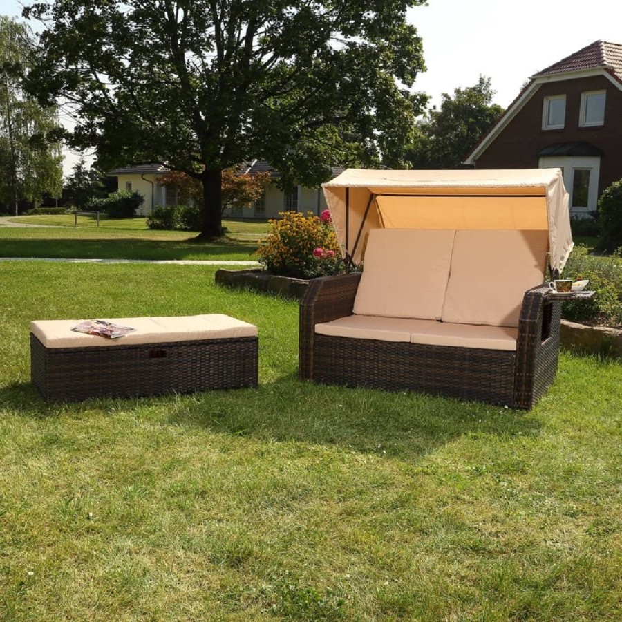Rattan-Luxus-Sonnenbett-Strandkorb-klappbar-Seitentisch-Rueckenlehne-Sonnenschutzdach-braun-Cappuccino-4