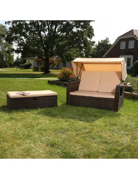Rattan-Luxus-Sonnenbett-Strandkorb-klappbar-Seitentisch-Rueckenlehne-Sonnenschutzdach-braun-Cappuccino-4