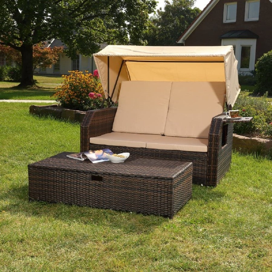 Rattan-Luxus-Sonnenbett-Strandkorb-klappbar-Seitentisch-Rueckenlehne-Sonnenschutzdach-braun-Cappuccino-6