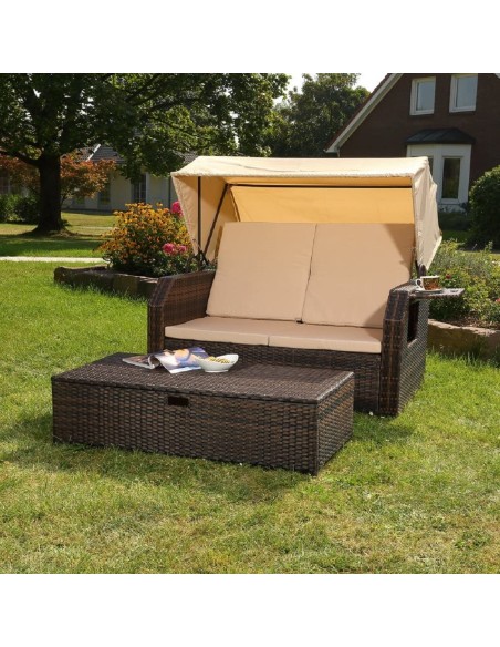 Rattan-Luxus-Sonnenbett-Strandkorb-klappbar-Seitentisch-Rueckenlehne-Sonnenschutzdach-braun-Cappuccino-6