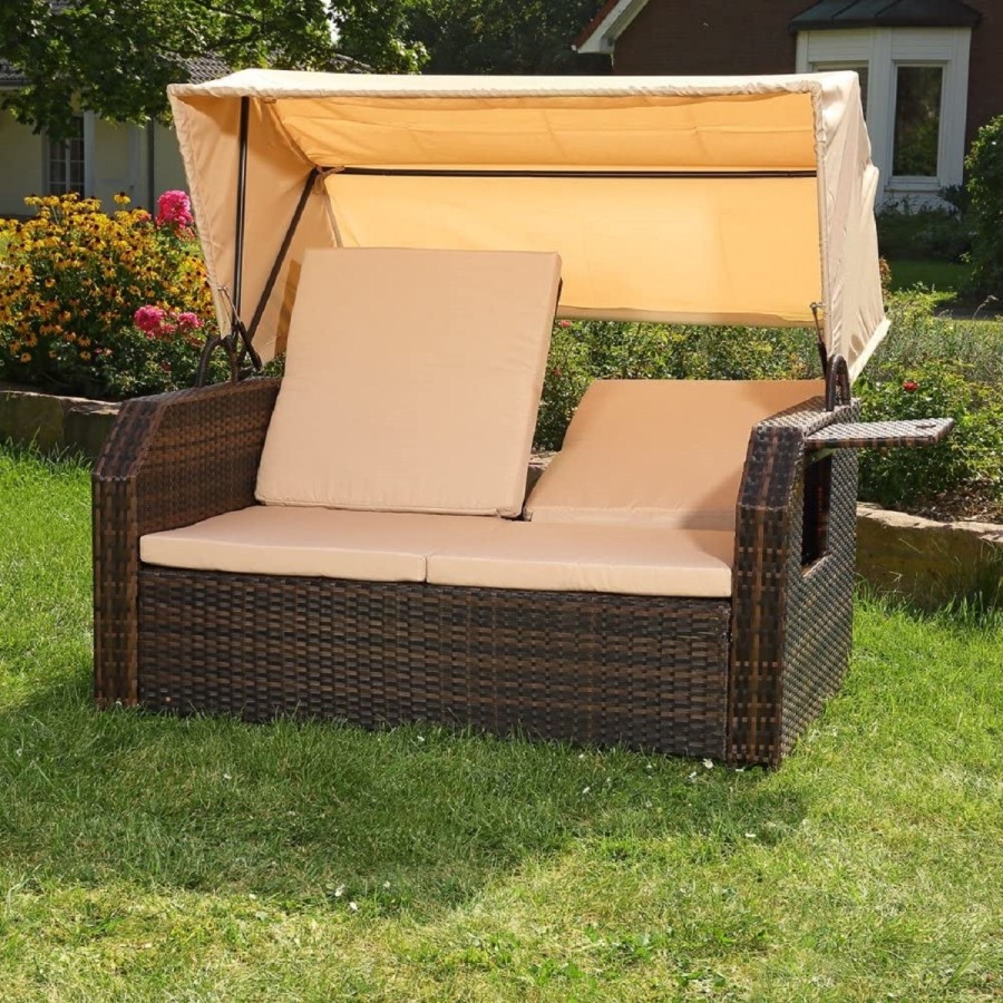 Rattan-Luxus-Sonnenbett-Strandkorb-klappbar-Seitentisch-Rueckenlehne-Sonnenschutzdach-braun-Cappuccino-5
