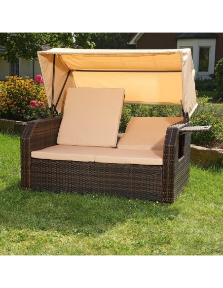 Rattan-Luxus-Sonnenbett-Strandkorb-klappbar-Seitentisch-Rueckenlehne-Sonnenschutzdach-braun-Cappuccino-5