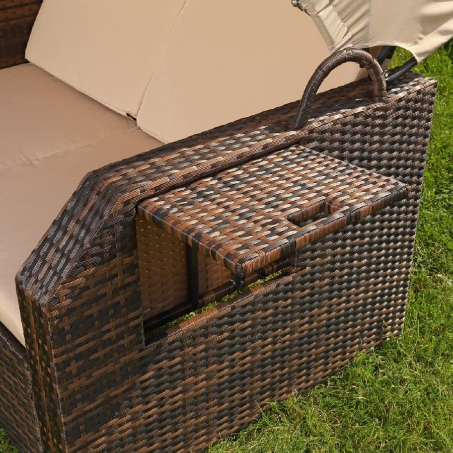 Rattan-Luxus-Sonnenbett-Strandkorb-klappbar-Seitentisch-Rueckenlehne-Sonnenschutzdach-braun-Cappuccino-8