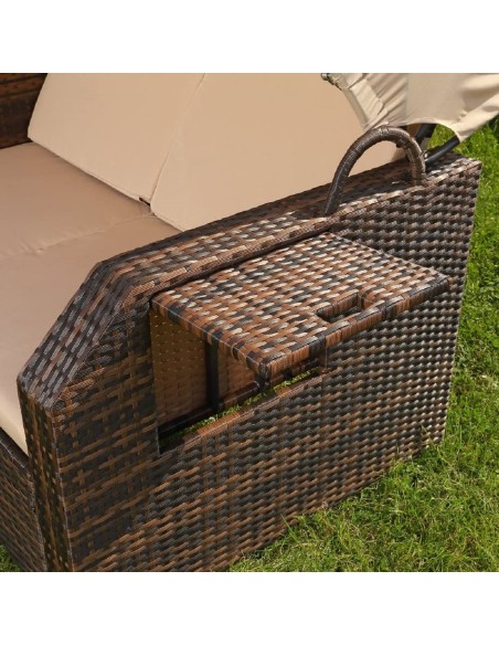 Rattan-Luxus-Sonnenbett-Strandkorb-klappbar-Seitentisch-Rueckenlehne-Sonnenschutzdach-braun-Cappuccino-8