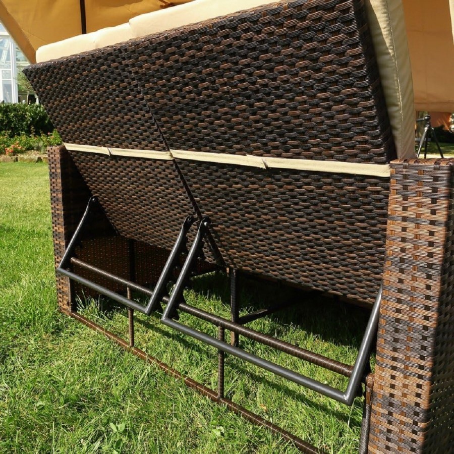 Rattan-Luxus-Sonnenbett-Strandkorb-klappbar-Seitentisch-Rueckenlehne-Sonnenschutzdach-braun-Cappuccino-3