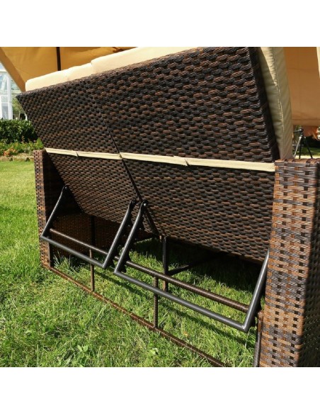 Rattan-Luxus-Sonnenbett-Strandkorb-klappbar-Seitentisch-Rueckenlehne-Sonnenschutzdach-braun-Cappuccino-3