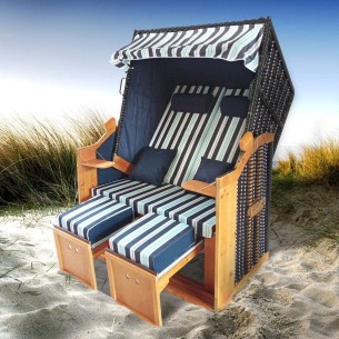 Ostsee-Strandkorb-2-Personen-Abdeckhaube-verstellbare-Rueckenlehne-Fusskissen-blau-weiss