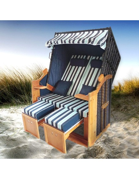 Ostsee-Strandkorb-2-Personen-Abdeckhaube-verstellbare-Rueckenlehne-Fusskissen-blau-weiss