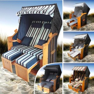 Ostsee-Strandkorb-2-Personen-Abdeckhaube-verstellbare-Rueckenlehne-Fusskissen-blau-weiss 2