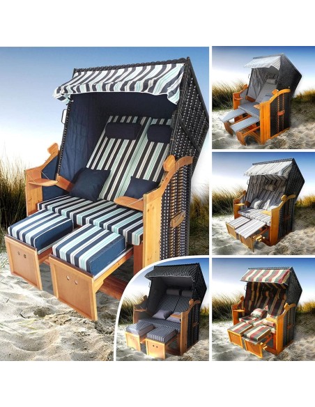 Ostsee-Strandkorb-2-Personen-Abdeckhaube-verstellbare-Rueckenlehne-Fusskissen-blau-weiss-gestreift