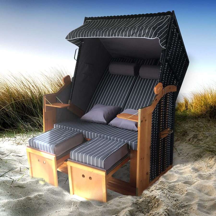 Ostsee-Strandkorb-2-Personen-Abdeckhaube-verstellbare-Rueckenlehne-Fusskissen-anthrazit-weiss-gestreift-7