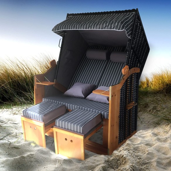 Ostsee-Strandkorb-2-Personen-Abdeckhaube-verstellbare-Rueckenlehne-Fusskissen-anthrazit-weiss-gestreift-7