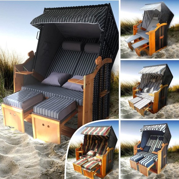 Ostsee-Strandkorb-2-Personen-Abdeckhaube-verstellbare-Rueckenlehne-Fusskissen-Anthrazit-Weiss-gestreift-8
