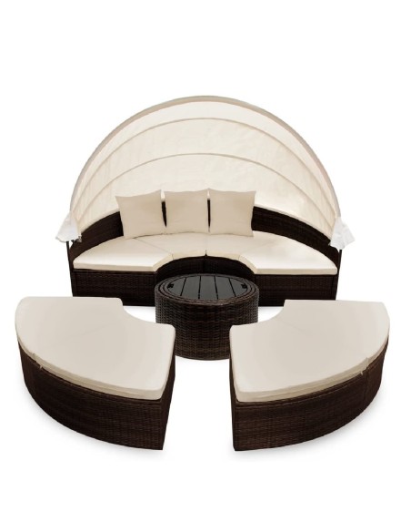 Rattan-Luxus-Gartenmuschel-Sonnenbett-Sonneninsel-O-185cm-Ausziehtisch-faltbares-Sonnendach-braun-Cappuccino-1