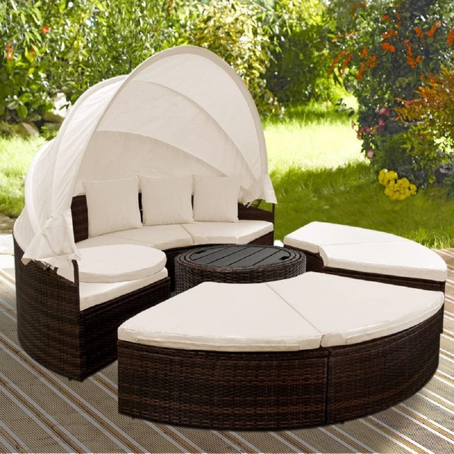 Rattan-Luxus-Gartenmuschel-Sonnenbett-Sonneninsel-O-185cm-Ausziehtisch-faltbares-Sonnendach-braun-Cappuccino-6