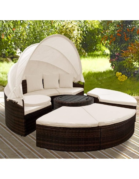 Rattan-Luxus-Gartenmuschel-Sonnenbett-Sonneninsel-O-185cm-Ausziehtisch-faltbares-Sonnendach-braun-Cappuccino-6