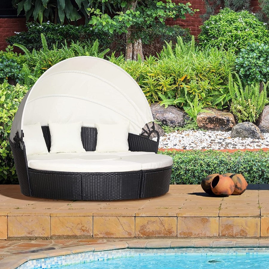 Rattan-Luxus-Gartenmuschel-Sonnenbett-Sonneninsel-O-185cm-Ausziehtisch-faltbares-Sonnendach-braun-Cappuccino-8