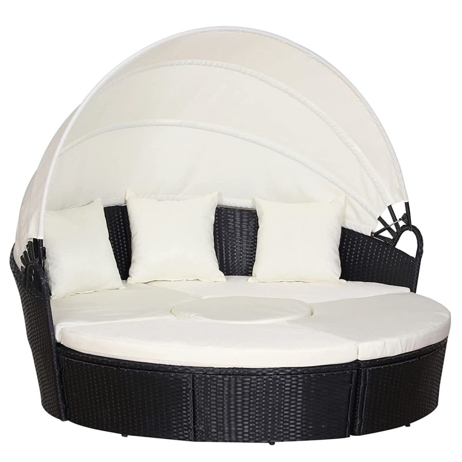 Rattan-Luxus-Gartenmuschel-Sonnenbett-Sonneninsel-O-185cm-Ausziehtisch-faltbares-Sonnendach-braun-Cappuccino-7