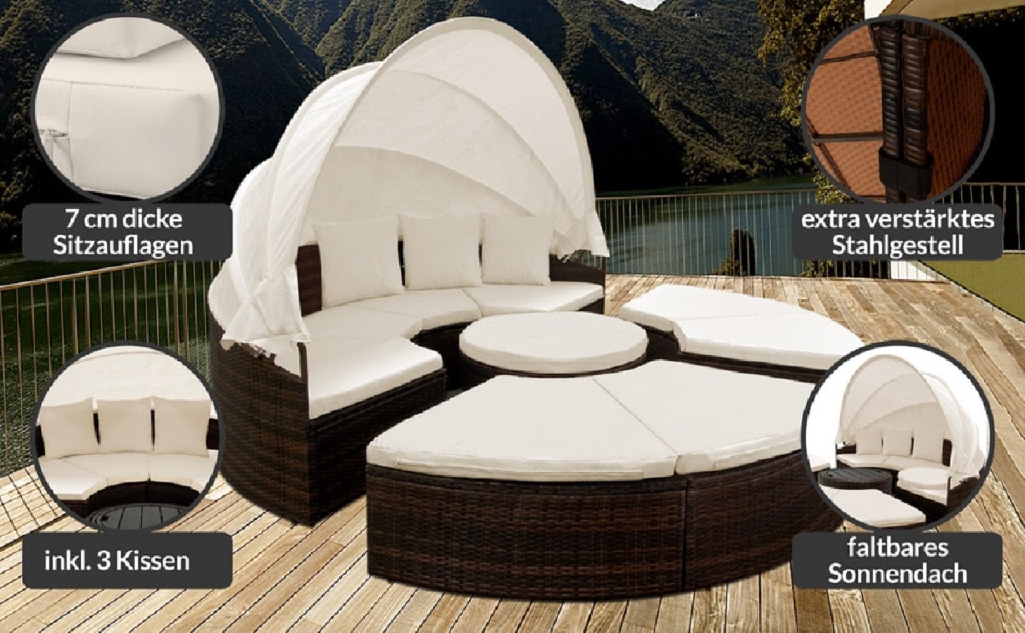 Rattan-Luxus-Gartenmuschel-Sonnenbett-Sonneninsel-O-185cm-Ausziehtisch-faltbares-Sonnendach-braun-Cappuccino-9