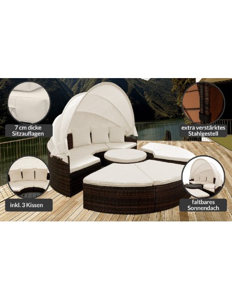 Rattan-Luxus-Gartenmuschel-Sonnenbett-Sonneninsel-O-185cm-Ausziehtisch-faltbares-Sonnendach-braun-Cappuccino-9