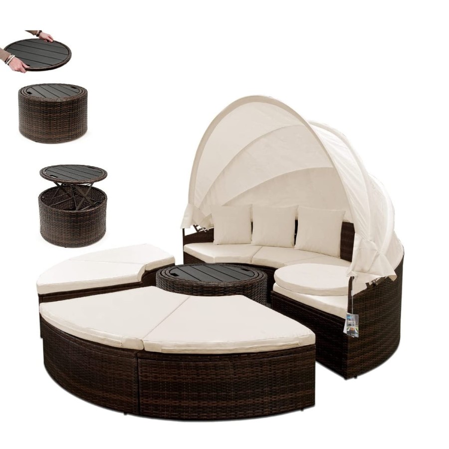 Rattan-Luxus-Gartenmuschel-Sonnenbett-Sonneninsel-O-185cm-Ausziehtisch-faltbares-Sonnendach-braun-Cappuccino-11