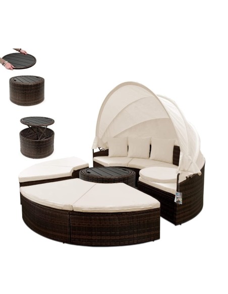 Rattan-Luxus-Gartenmuschel-Sonnenbett-Sonneninsel-O-185cm-Ausziehtisch-faltbares-Sonnendach-braun-Cappuccino-11
