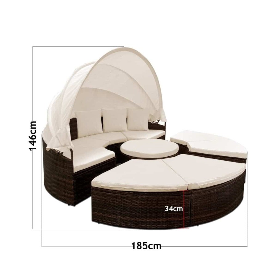 Rattan-Luxus-Gartenmuschel-Sonnenbett-Sonneninsel-O-185cm-Ausziehtisch-faltbares-Sonnendach-braun-Cappuccino-10