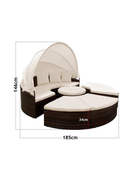 Rattan-Luxus-Gartenmuschel-Sonnenbett-Sonneninsel-O-185cm-Ausziehtisch-faltbares-Sonnendach-braun-Cappuccino-10