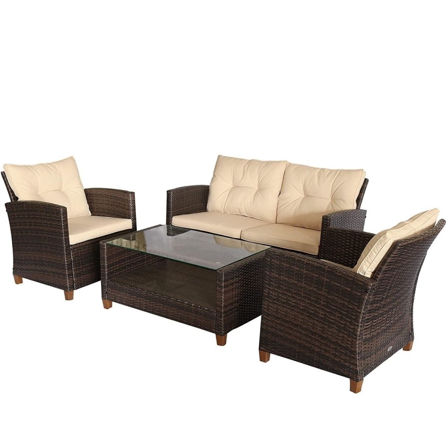 Luxus-Rattan-Lounge-Sitzgarnitur-4tlg.-Sofagarnitur-Sessel-Glastisch-braun-cappuccino-1