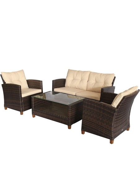 Luxus-Rattan-Lounge-Sitzgarnitur-4tlg.-Sofagarnitur-Sessel-Glastisch-braun-cappuccino-1