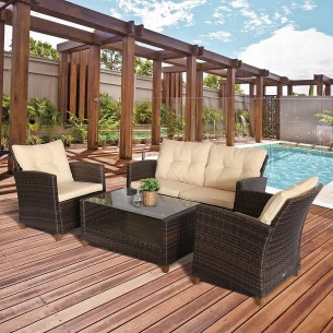 Luxus-Rattan-Lounge-Sitzgarnitur-4tlg.-Sofagarnitur-Sessel-Glastisch-braun-cappuccino-1 2