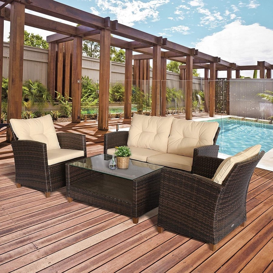 Luxus-Rattan-Lounge-Sitzgarnitur-4tlg.-Sofagarnitur-Sessel-Glastisch-braun-cappuccino-6