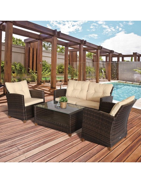 Luxus-Rattan-Lounge-Sitzgarnitur-4tlg.-Sofagarnitur-Sessel-Glastisch-braun-cappuccino-6