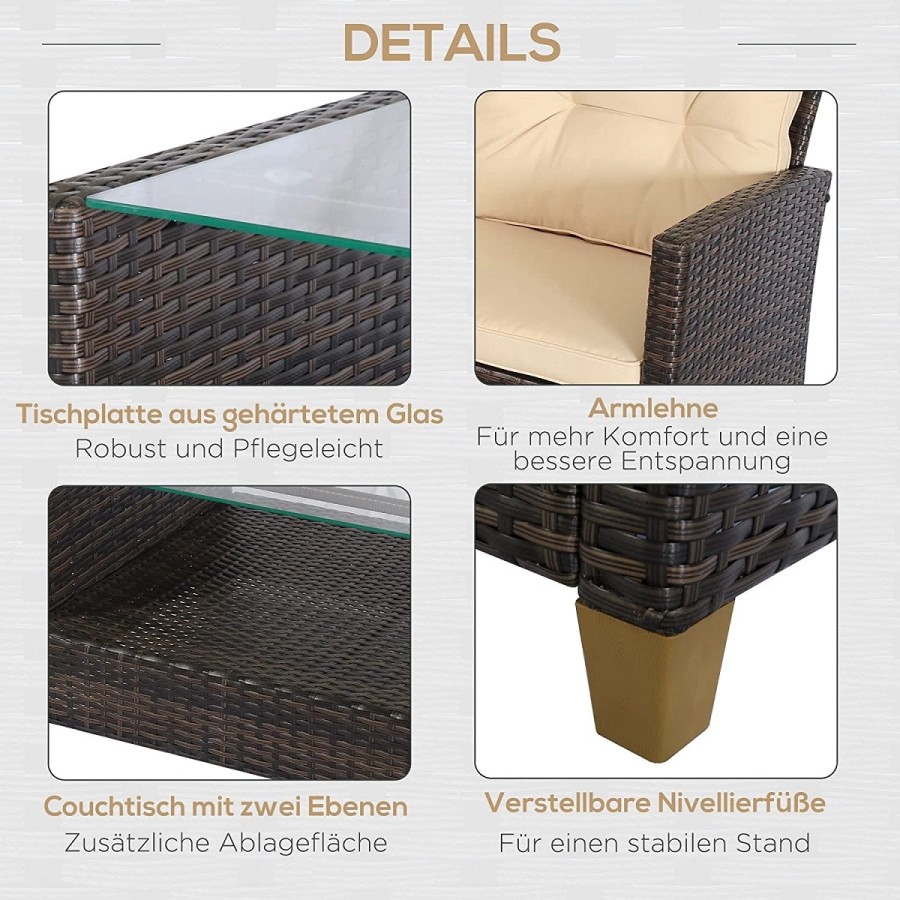 Luxus-Rattan-Lounge-Sitzgarnitur-4tlg.-Sofagarnitur-Sessel-Glastisch-braun-cappuccino-5