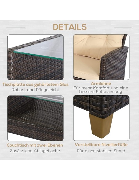 Luxus-Rattan-Lounge-Sitzgarnitur-4tlg.-Sofagarnitur-Sessel-Glastisch-braun-cappuccino-5