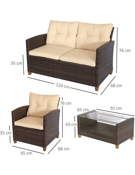 Luxus-Rattan-Lounge-Sitzgarnitur-4tlg.-Sofagarnitur-Sessel-Glastisch-braun-cappuccino-3