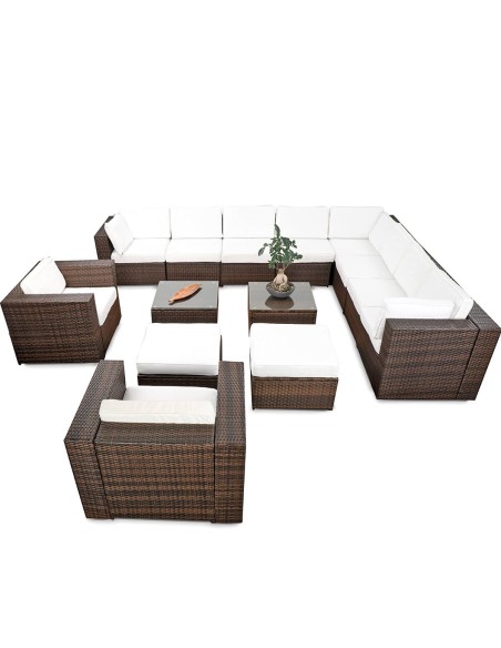Monaco-Rattan-Lounge-Sitzgarnitur-mit-Sofa-Sessel-Hocker-Glastisch-erweiterbar-braun-creme