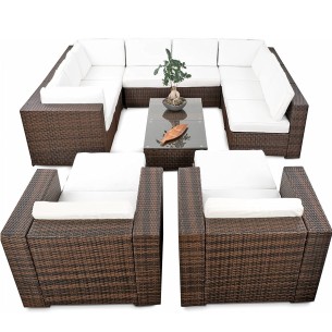 Monaco-Rattan-Lounge-Sitzgarnitur-mit-Sofa-Sessel-Hocker-Glastisch-erweiterbar-braun-creme 2