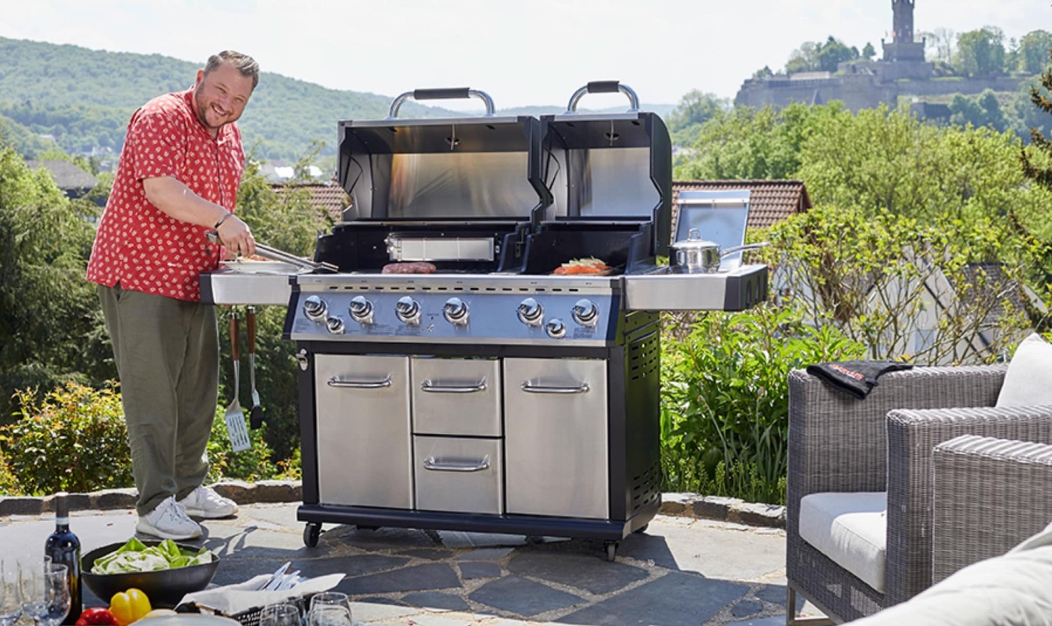 Mr.-Burns-Luxus-Edelstahl-BBQ-Grill-Propan-Gas-mi6-Brenner-Seitenbrenner-Backburner-LED-Infrarot